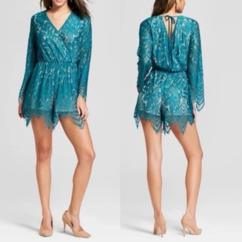 Teal Lace Tie-Back Long-Sleeve Romper from Xhilaration Size Large